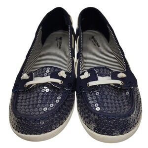 AZ Jean Co Navy Blue & White Sequined Boat Shoes Slip On Flats Women's 10 EUC